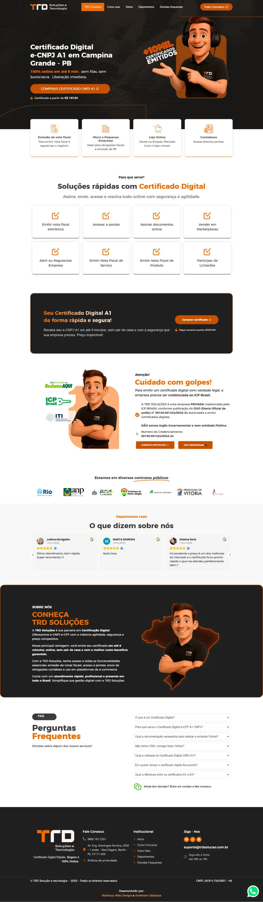 Landing page de certificado digital criada para campanhas de Google Ads para a TRD Soluções