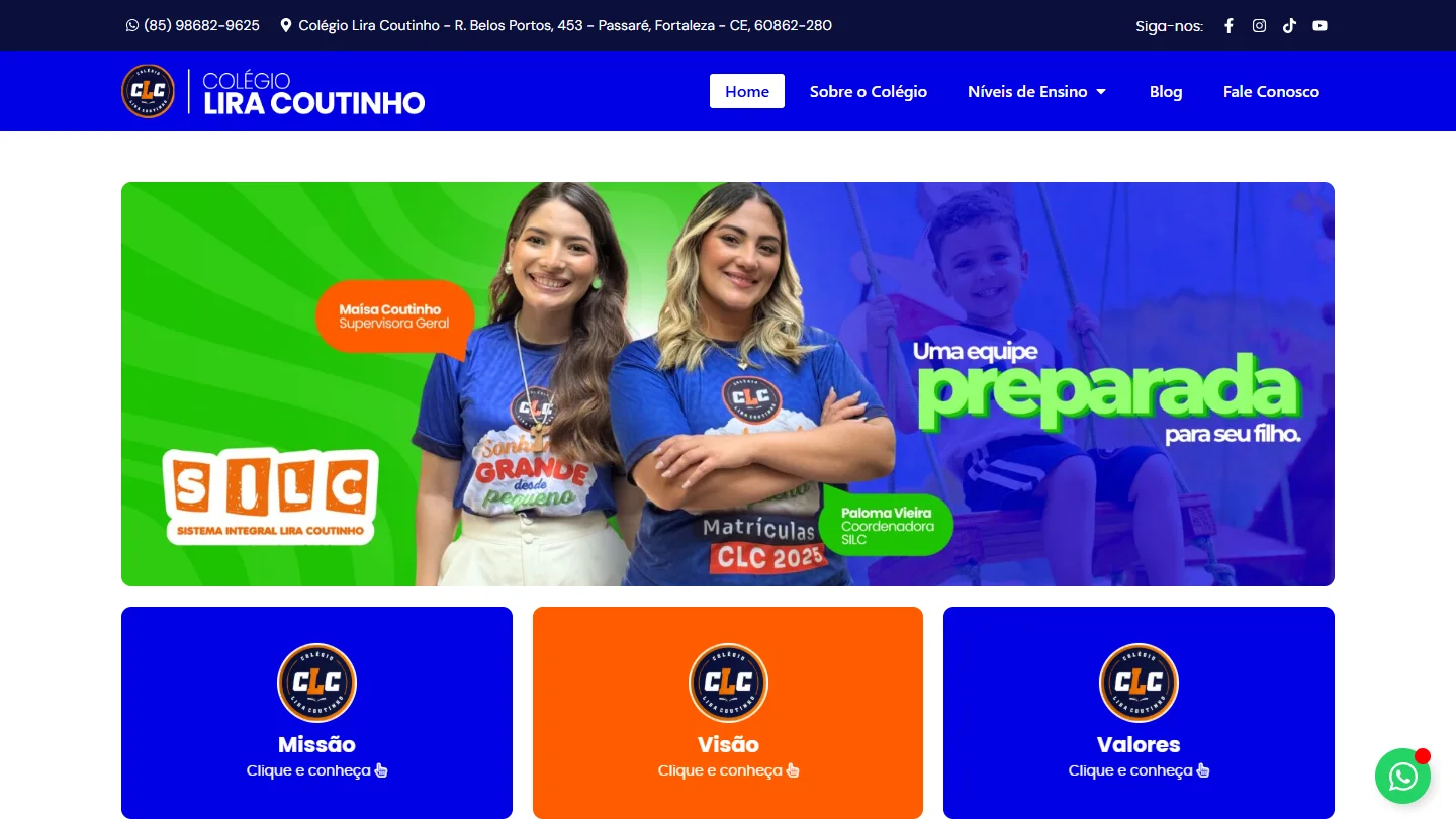 Página inicial do site do Colégio Lira Coutinho, em Fortaleza