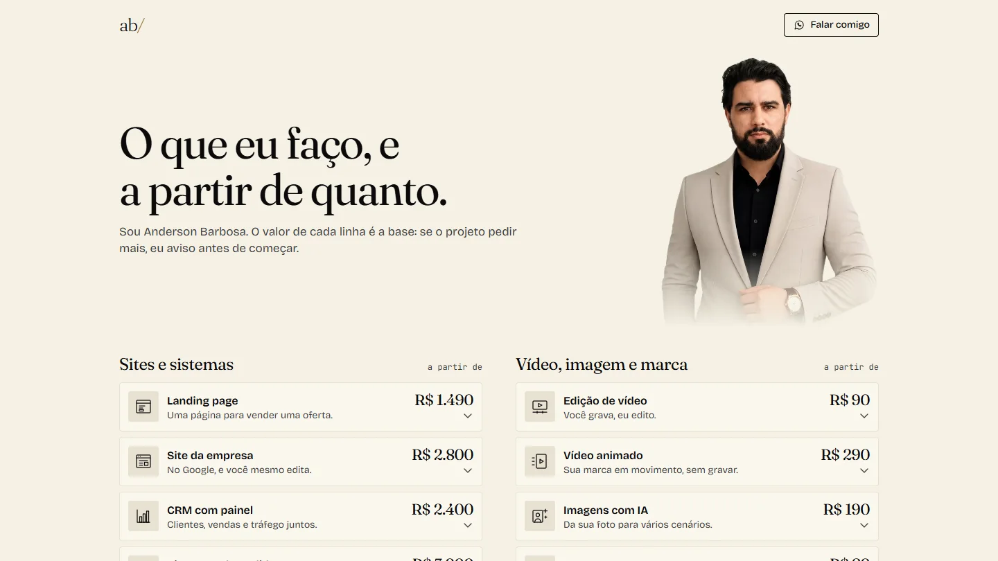 Página de pacotes da ab/ Anderson Barbosa com os valores a partir de cada serviço
