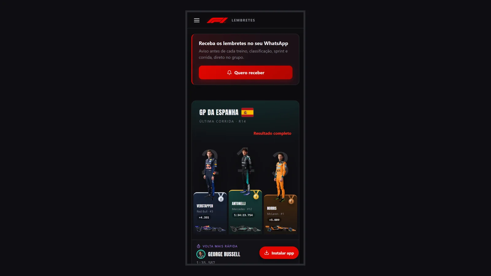 F1 Lembretes no celular, com o convite para receber os avisos no WhatsApp e o pódio do último Grande Prêmio