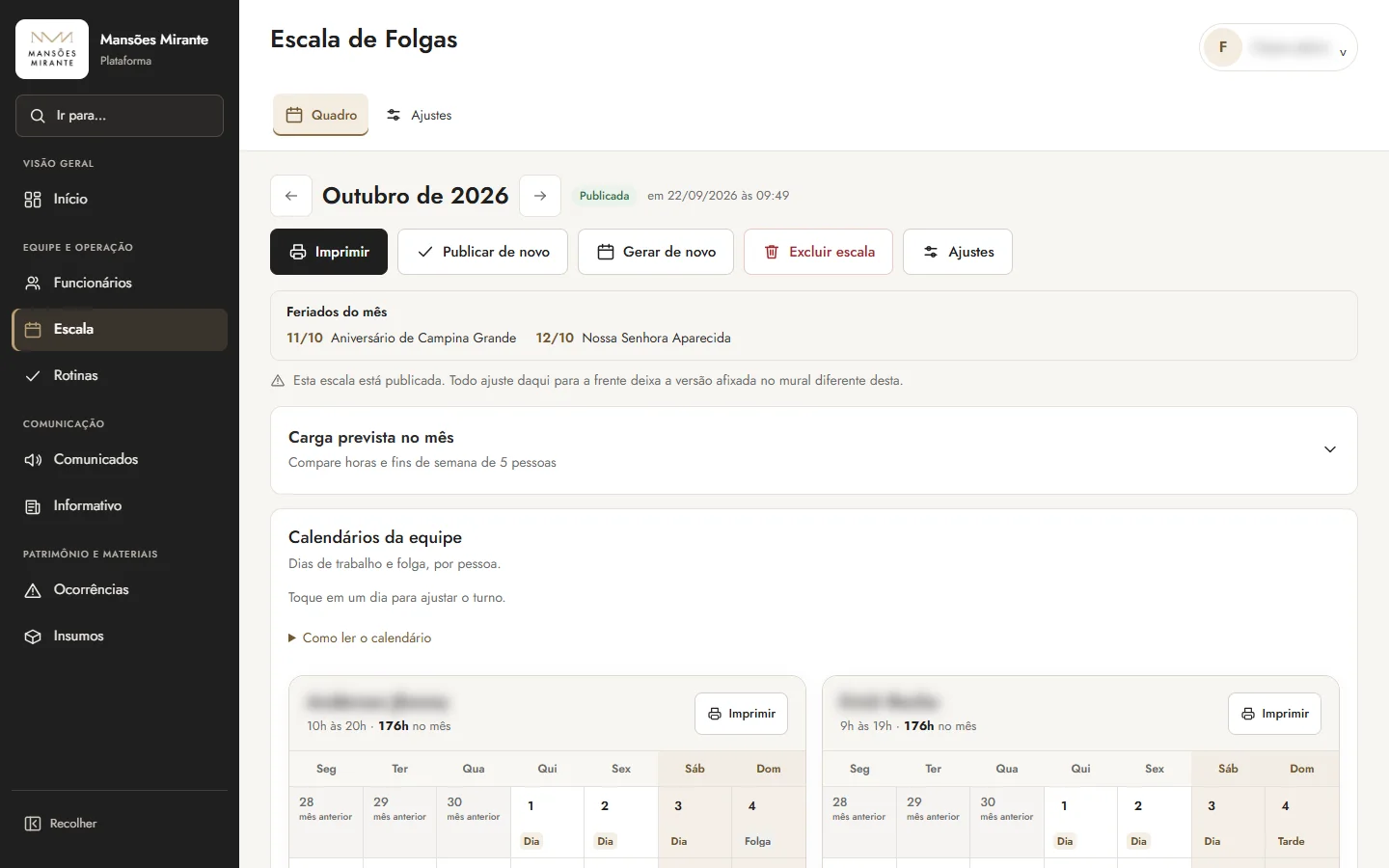 Escala de folgas do mês com feriados, carga de horas e calendário por pessoa