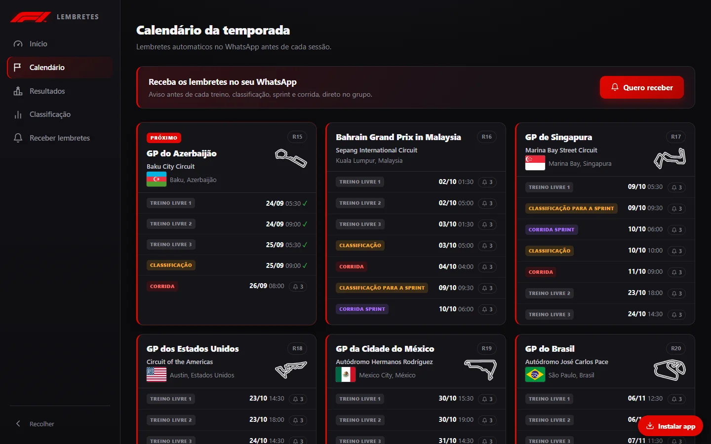 Calendário da temporada com todas as sessões no horário de Brasília