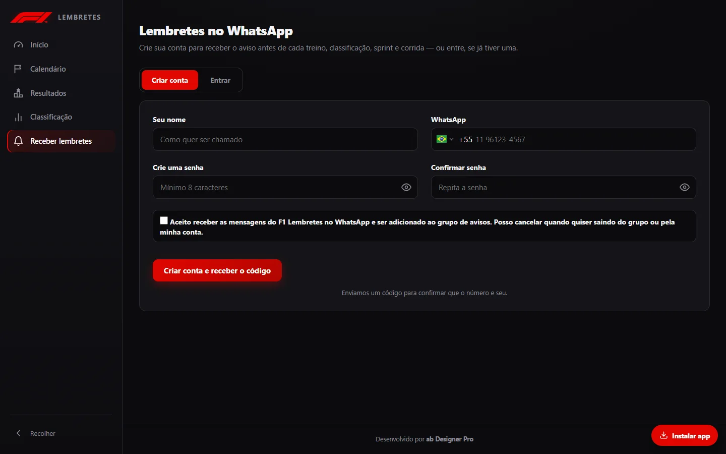 Cadastro para receber os avisos no WhatsApp com conta e senha