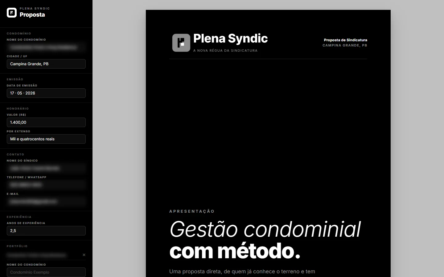 Modelo editável de proposta de sindicatura (dados pessoais desfocados)