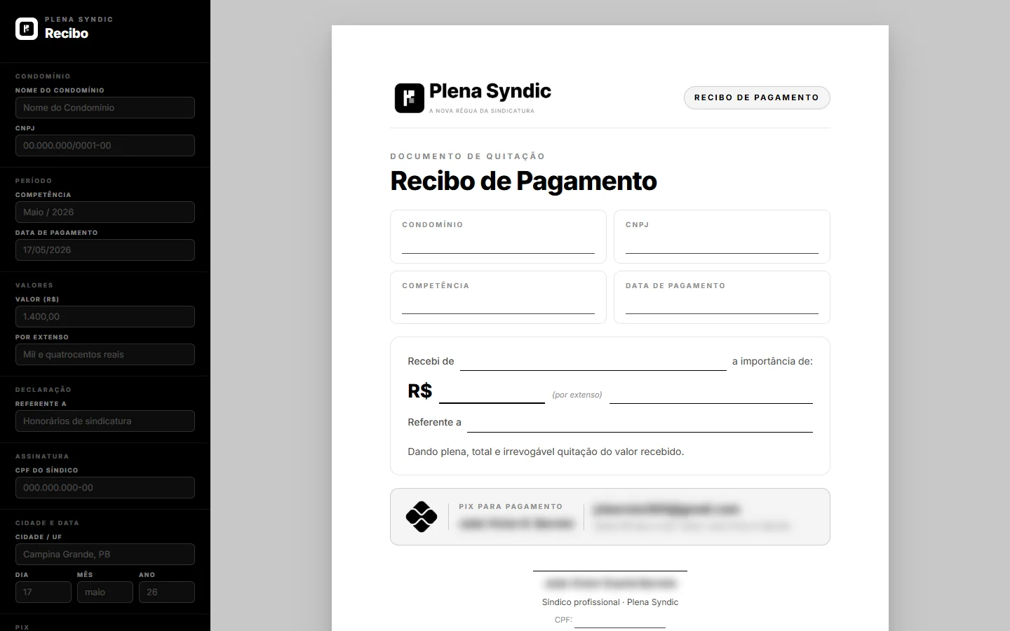 Modelo editável de recibo de pagamento (dados pessoais desfocados)