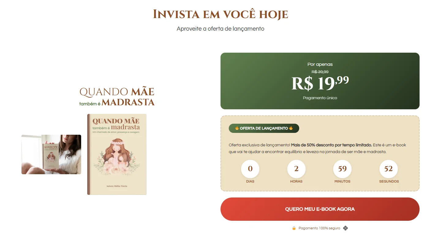 Oferta de lançamento com preço, contador e botão de pagamento