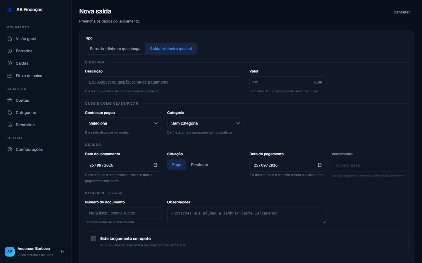 Novo lançamento com tipo, conta, categoria, situação e vencimento