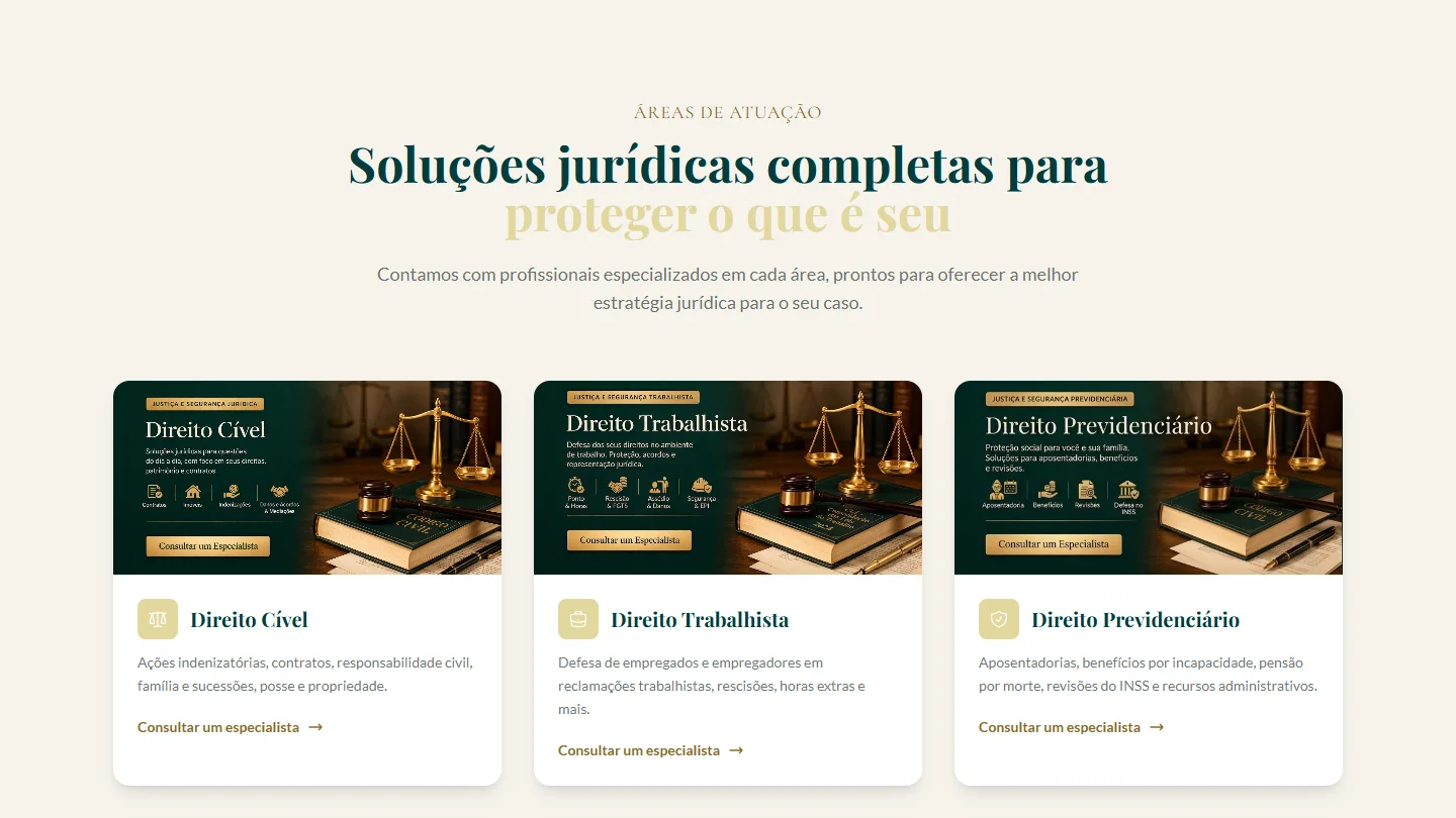 Áreas de atuação do escritório em cartões com acesso direto ao WhatsApp