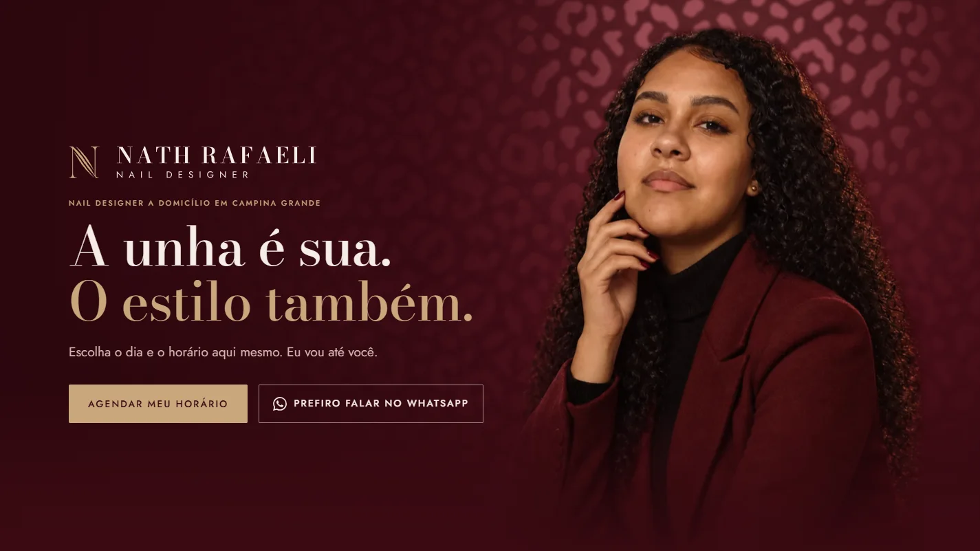 Abertura do site com a chamada da marca e o botão de agendar