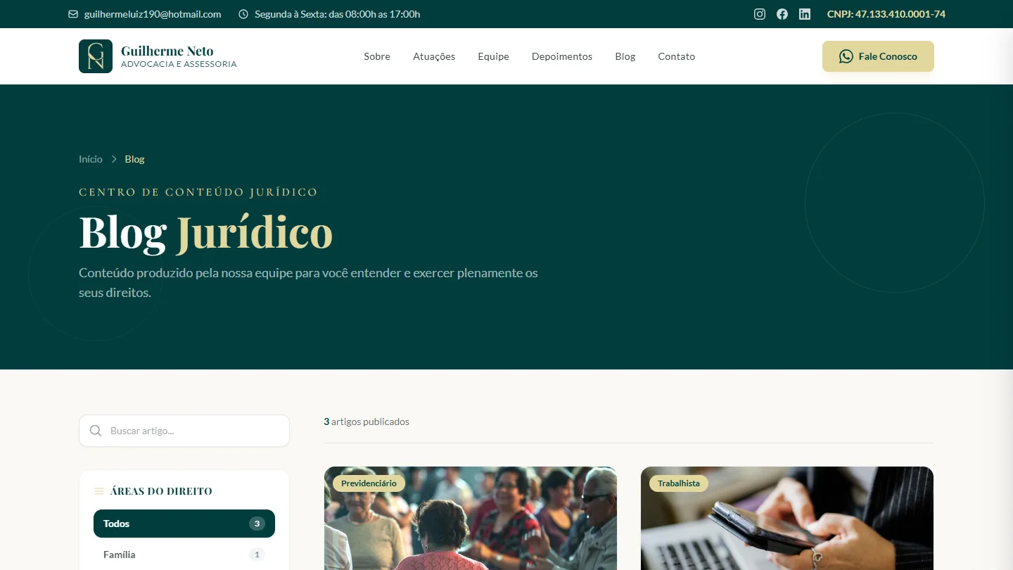 Blog jurídico com busca e filtro por área do Direito